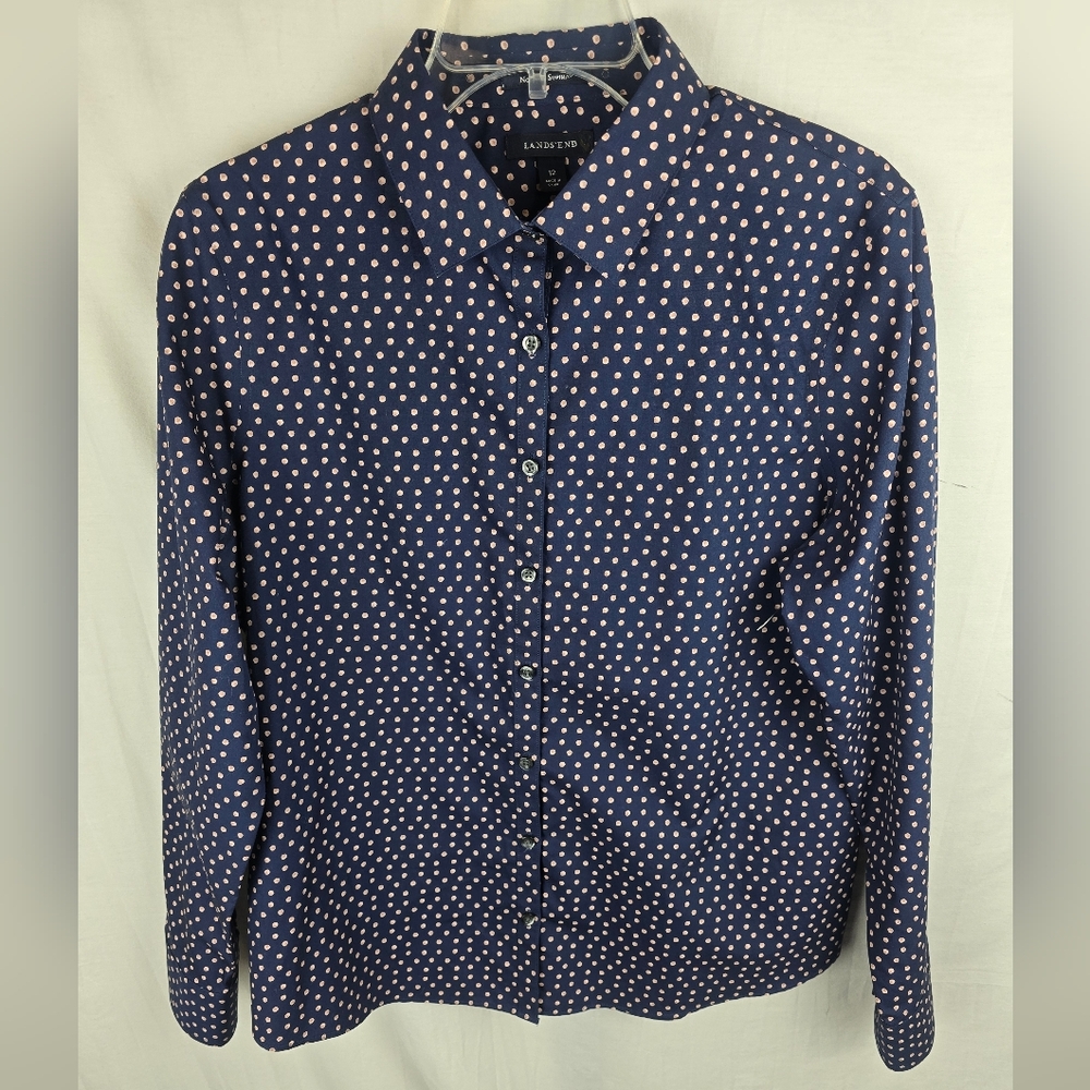 NWOT Lands End Navy and Gold Polka Dotted Long Sleeve Button Down Shirt Sz 12